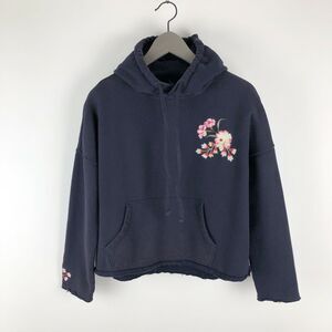 Betsey Johnson Navy Blue Fleece Lined Crop Floral Embroidery Hoodie Size XS